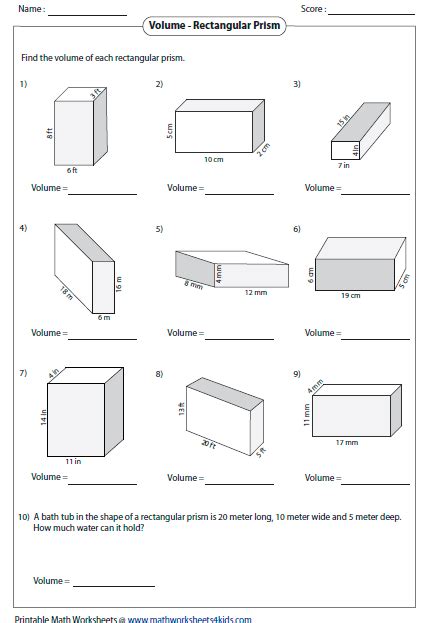 Volume of a Rectangular Prism Worksheets